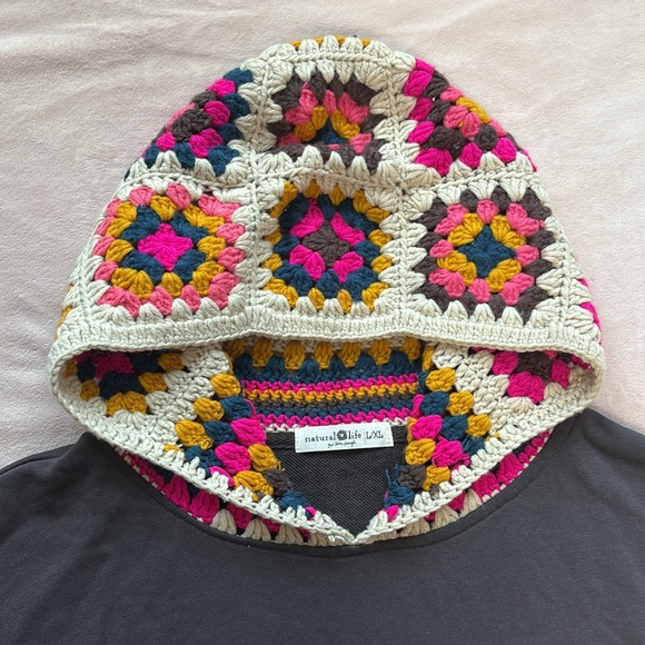 Natural Life Granny Crochet Hood Sweatshirt Charcoal Gray Oversize Size L/XL - Picture 7 of 11